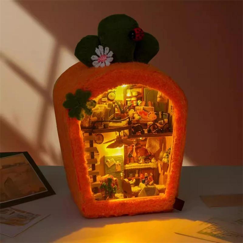 DIY Miniature House Kit, DIY Furry Bear Dolls House Kit, Mini Wooden House Building Kit with LED Light, Halloween/Christmas/Birthday Gifts