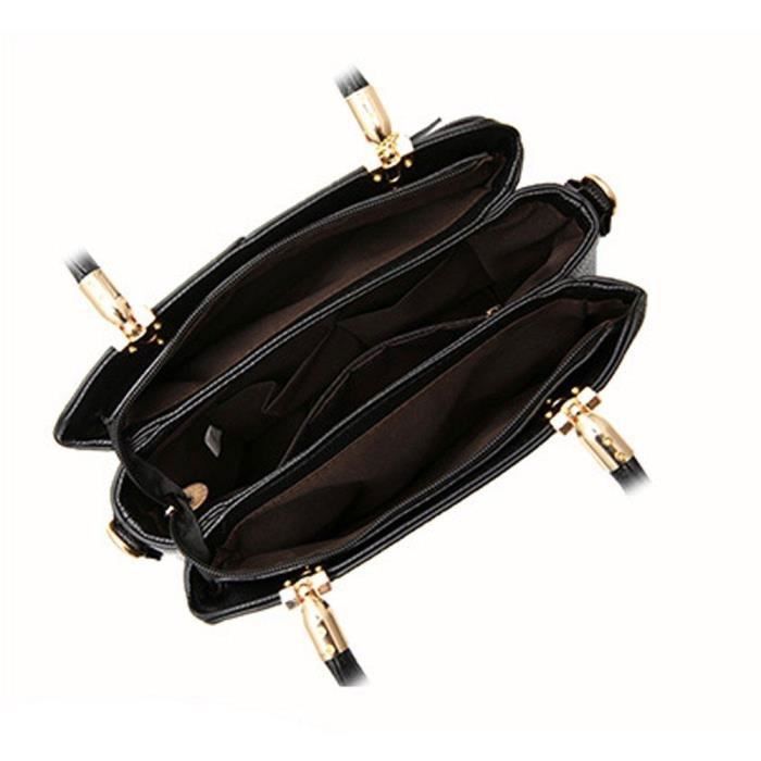 Sac À Main Grainé Sac À Epaule Bandoulière En PU Cuir Zippé Couleur d'Epissure Pour Femme Elegante PS Noir