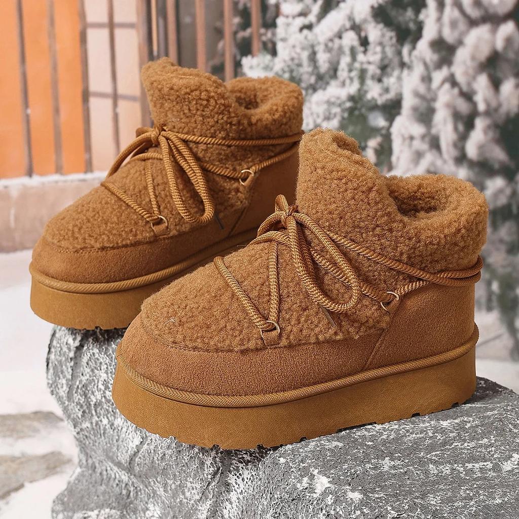 Fashion Women's Chunky Fluffy Fur Lace Up Winter Boots New Faux Shearling Warm Comfort Ankle Boots Anti-slip Platform Snow Booties