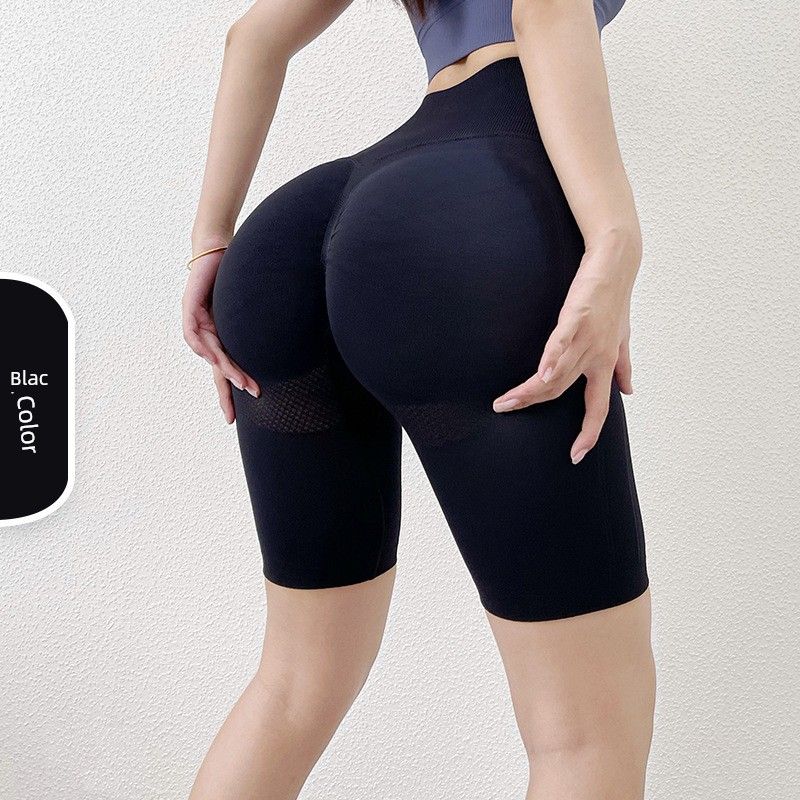 

European and American Internet Hot Seamless Peach Hip Half Length Yoga Pants High Waist Stretch Hip Sports Tights Hip Raise Fitness Pants Black XL