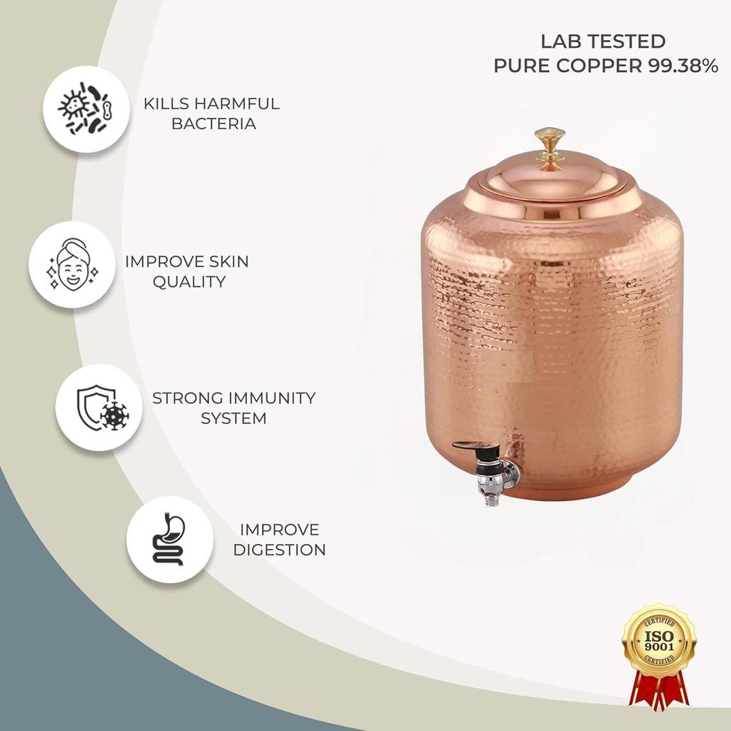 5 Litre Hammered Copper Water Dispenser (Matka/Pot) Container Pot with Pure Copper and Ayurvedic Health Benefits (5000 Ml)