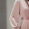 Womens Solid Color V-Neck Velvet Long Sleeve Fitted Waist A-Line Maxi Dress With Ruched Detail