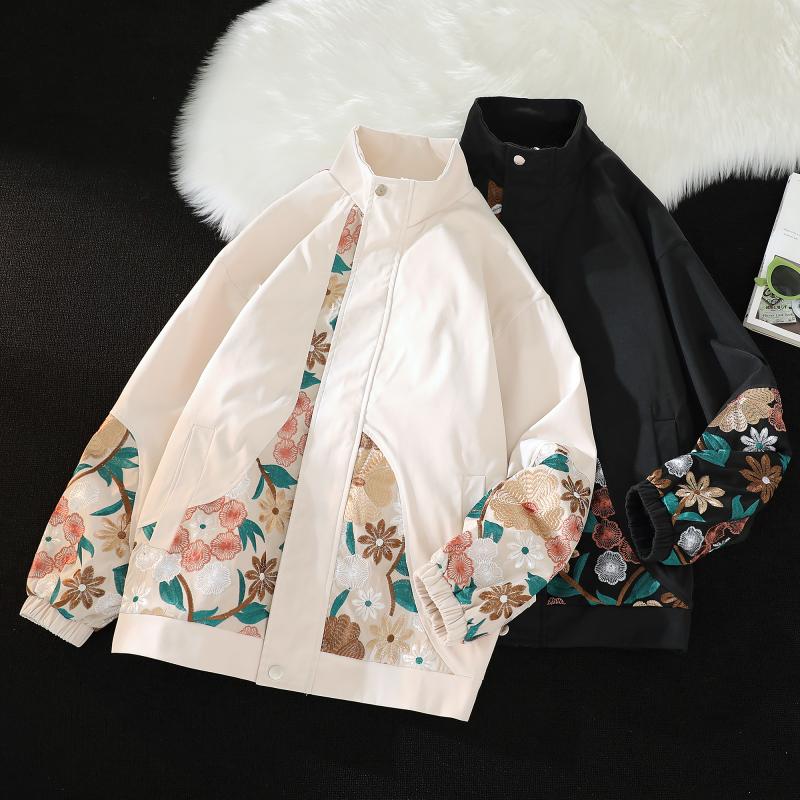 2025 Vintage Flower Embroidery Jackets Patchwork Jackets Men Black Jacket Male Casual Turn Down Collar Coats Spring Hip Hop Mens Loose Coat