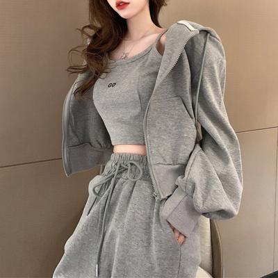 Women Spring Fall Solid Color Loose Zipper Hooded Sweatshirt Short Coat Tank Tops Casual Sweatpants Three Pieces Set Sport Suits