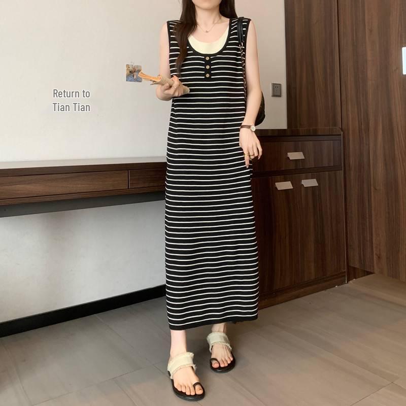 Ärmelloses Colorblock-Zweiteiler-Design Sommerkleid in Übergröße für Damen: Lockeres & Schlankmachendes Langes Kleid