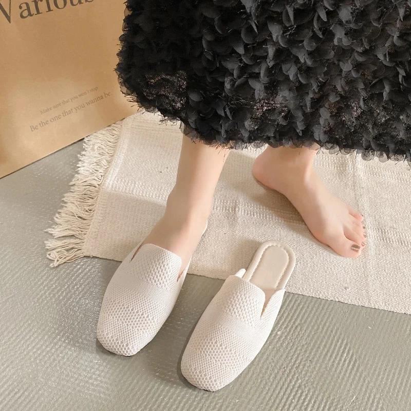 French Minority Slippers Fairy Shoes To Wear New Summer Soft Bottom Baotou Hollow Woven Flat Shoes for Women Maximum Size 42