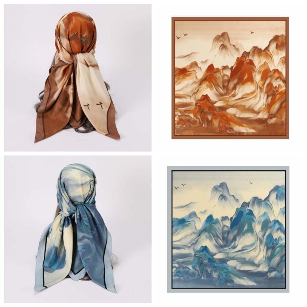 Tuschemalerei Großes quadratisches Kopftuch 110cm Taschen Dekoration Retro Damen Seidenschal Geschenk