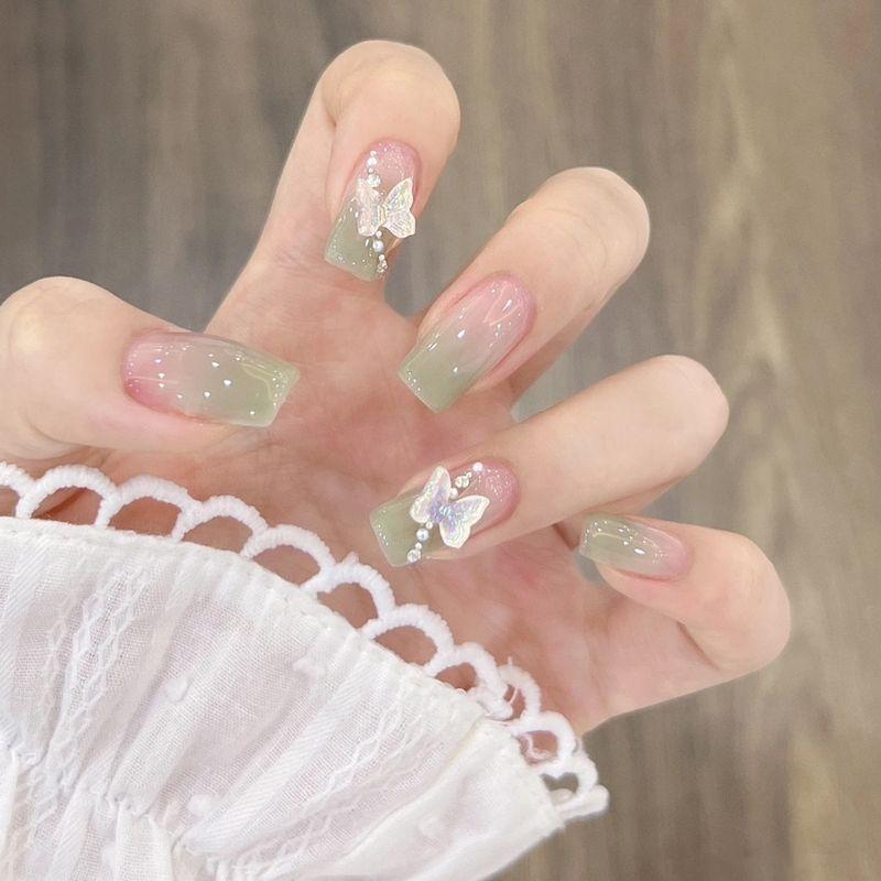 

Spring and Summer Manicure Gentle Icy Gradient Green Butterfly Wear Nail Stickers Removable Student Fake Nail Tip Nail Sticker Green gradient butterfly