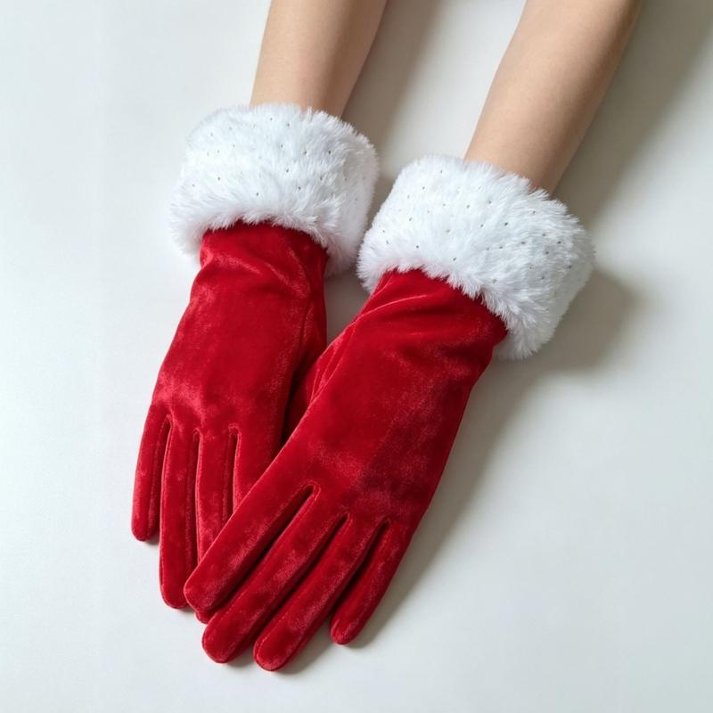 Christmas Costume Gloves for Adult, Red Gloves with Furry Plush Cuffs, Decorative Handwear for Holiday Festival Event Photography