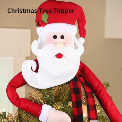 Christmas Tree Topper Hat Santa Claus with Buffalo Plaid Scarf for Holiday Party Supplies