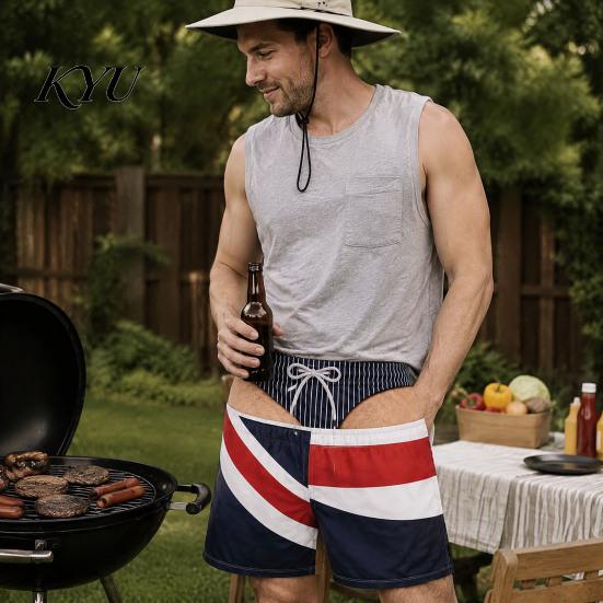 Breathable Lightweight Summer Shorts Men Hairy Butt Shorts, Funny Booty Print Beach Realistic Comfortable Elastic Waist Swim 3D Briefs Patriotic
