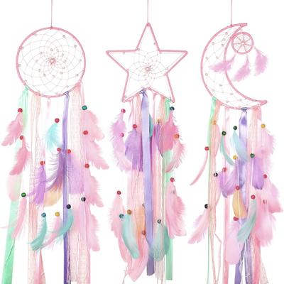 Jetec 3 Stück Traumfänger Mond Sonne Stern Design Handgefertigt Traditionelles Design Handwerk Ornament Wandkunst Hängende Heimdekoration Schlafzimmer Hochzeit(Pastellfarben