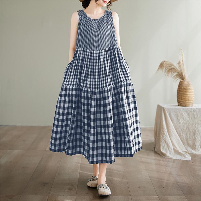 

ZANZEA Womens Casual Round Neck Summer Grid Print Sleeveless Dress 5XL синій