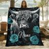 Personalized Highland Cow Blanket Black And Teal Rose Design Soft Fleece Throw Custom Name Farm Animal Art Home Decor Gift