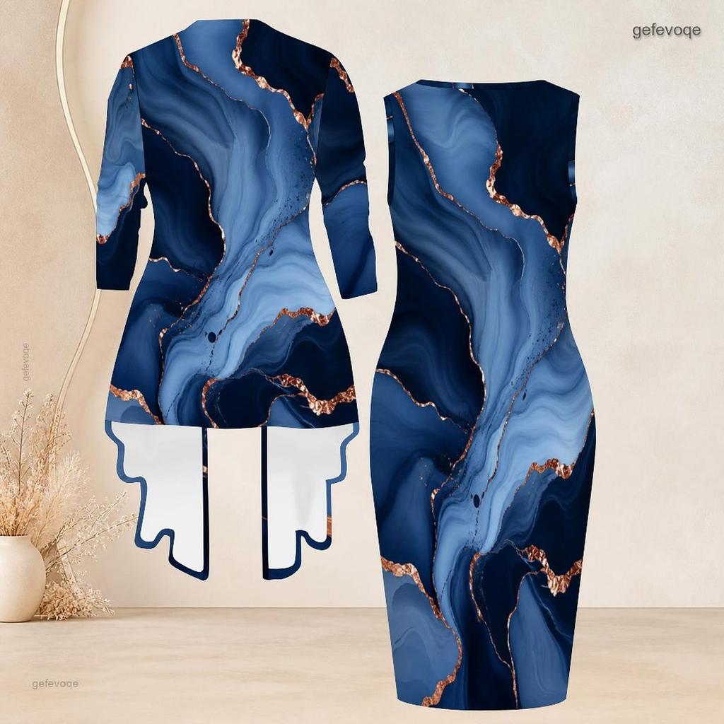 Women Plus Size Two Piece Set Blue Printed Long Sleeve Draped Cardigan Sleeveless Bodycon Dress