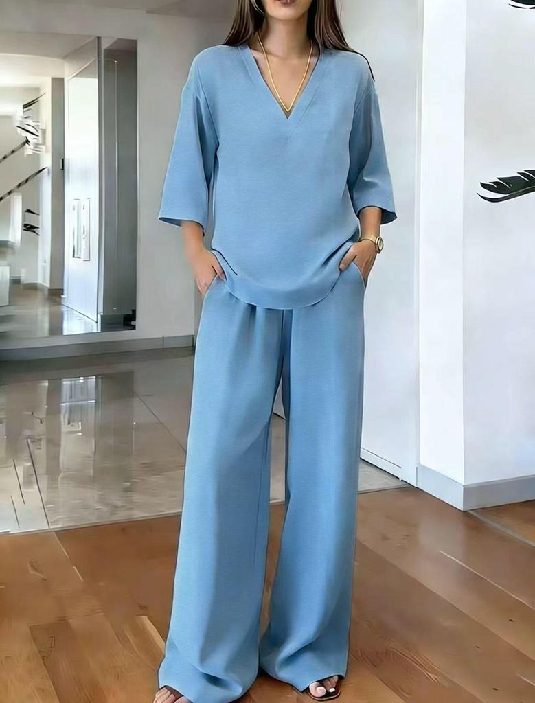 Women's Spring V-Neck Top and Wide-Leg Pants Set - Solid Color, Short-Sleeved, European & American Style Casual Wear