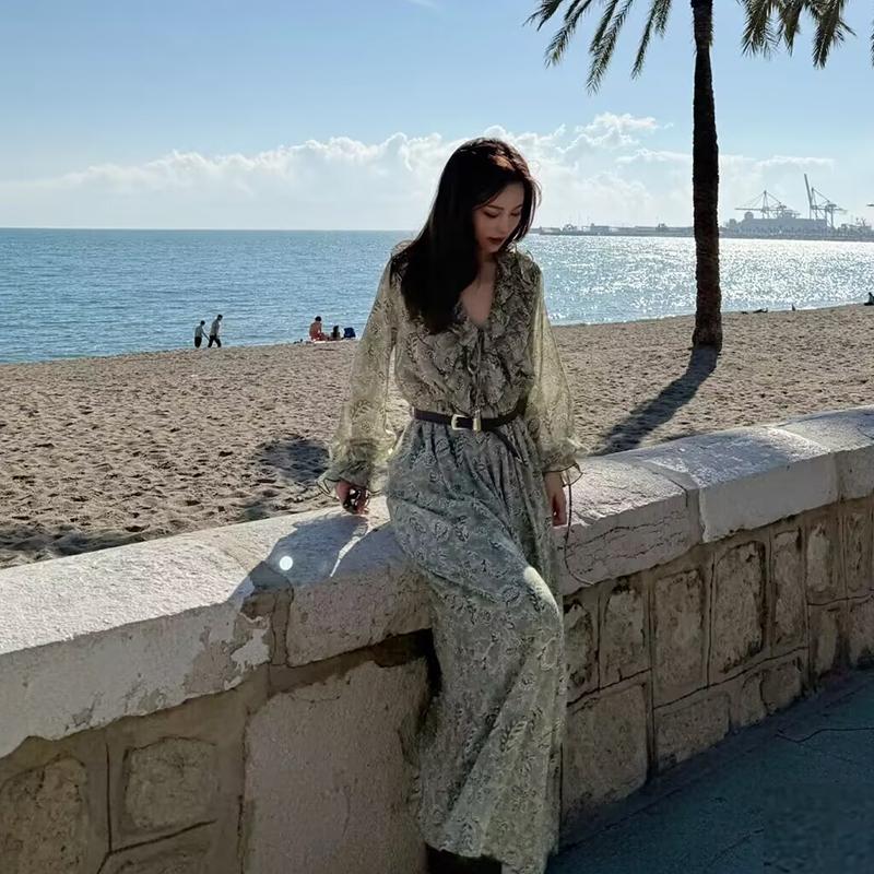 LYRIA Dresses Women's New Chiffon Print V-neck Chic Slim Long Dress Fashion Elegant Holiday Street Women's Dress