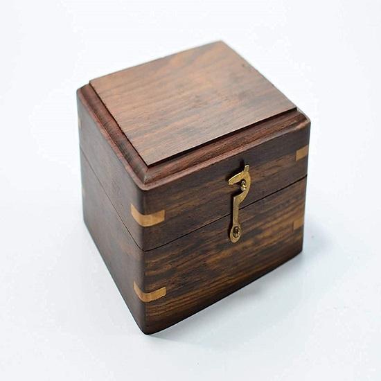 Brass Antique Sundial Compass with Wooden Case Directional Pocket Compass