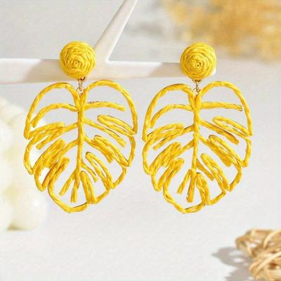 1 Paar handgefertigte gewebte bunte Blattohrringe, Hohlmuster, lässig & vielseitig, geeignet für Sommer, Partys, Urlaube