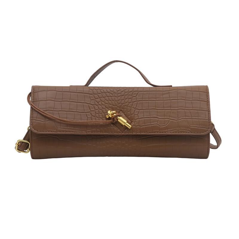 Solid color crocodile pattern dinner bag new baguette bag diagonal lock horizontal handbag shoulder messenger bag women's bag