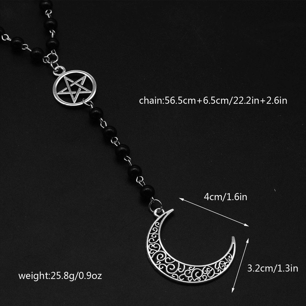 Vintage Silvery Moon Cross Pentagram Hollow Pendant Rosary Necklace Gothic Jewelry Versatile Party Travel Daily Wear Style Jewelry Gift
