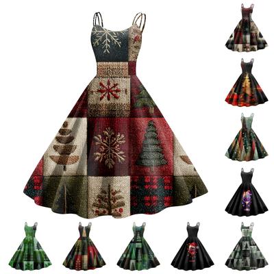 Damen Weihnachts-Print Lässig Mode Rundhals Midikleid