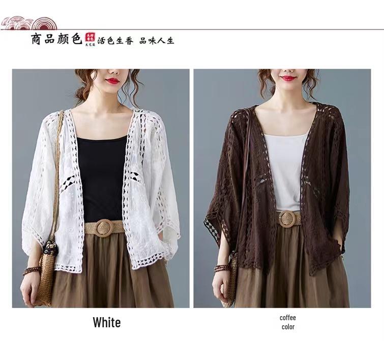 Damski luźny kardigan z bawełny i lnu z koronką - koreański rękaw nietoperz, styl retro