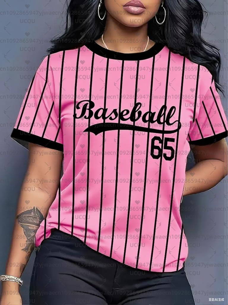 Women's Baseball Striped Print Crew Neck Short Sleeve T-Shirt, Summer Pattern T-Shirt, Sports T-Shirt