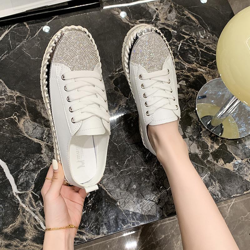 Fashion Aphixta 3cm Heels Crystal Lace Up Leather Flats Shoes Women Gold Bling Loafers Shoes Woman Flat With Casual Footwear Size 45