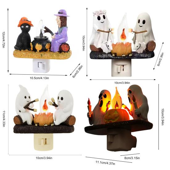 Halloween Night Light Spooky Ghost Campfire Pumpkin Boo Witch Black Cat Nightlight for Halloween Bedroom Living Room Decor