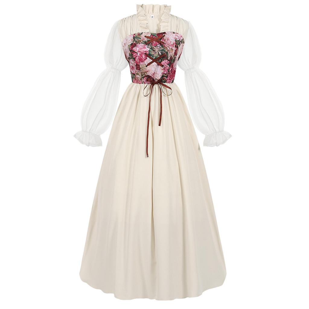 Vintage Renesansowa Sukienka z Kwiatowym Gorsetem, Wiktoriańska Średniowieczna Suknia z Bufiastymi Rękawami dla Kobiet, Idealna na Cosplay, Halloween i Imprezy Tematyczne