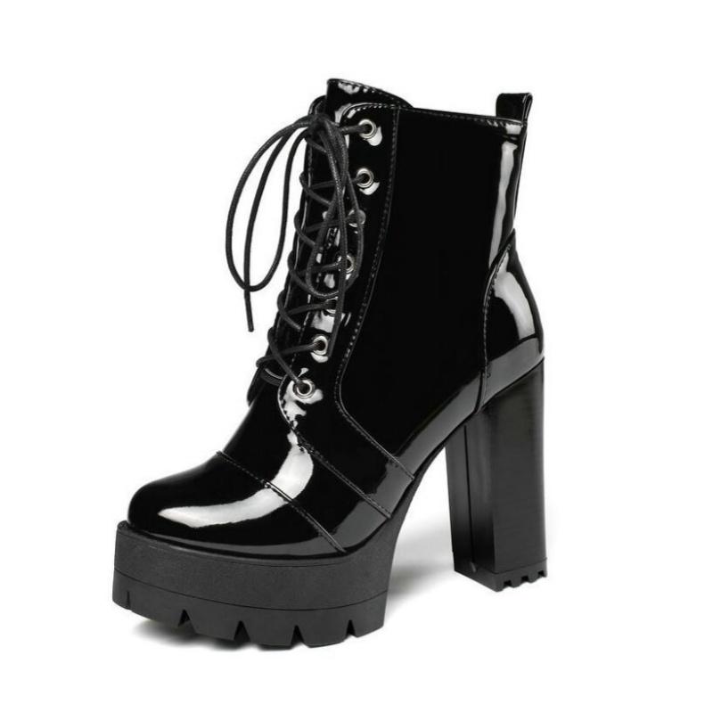 

Женские ботильоны на очень высоком каблуке, с круглым носком, толстые, с водонепроницаемой платформой, на шнуровке, из лакированной кожи, на высоком каблуке, ботинок 39 чёрный