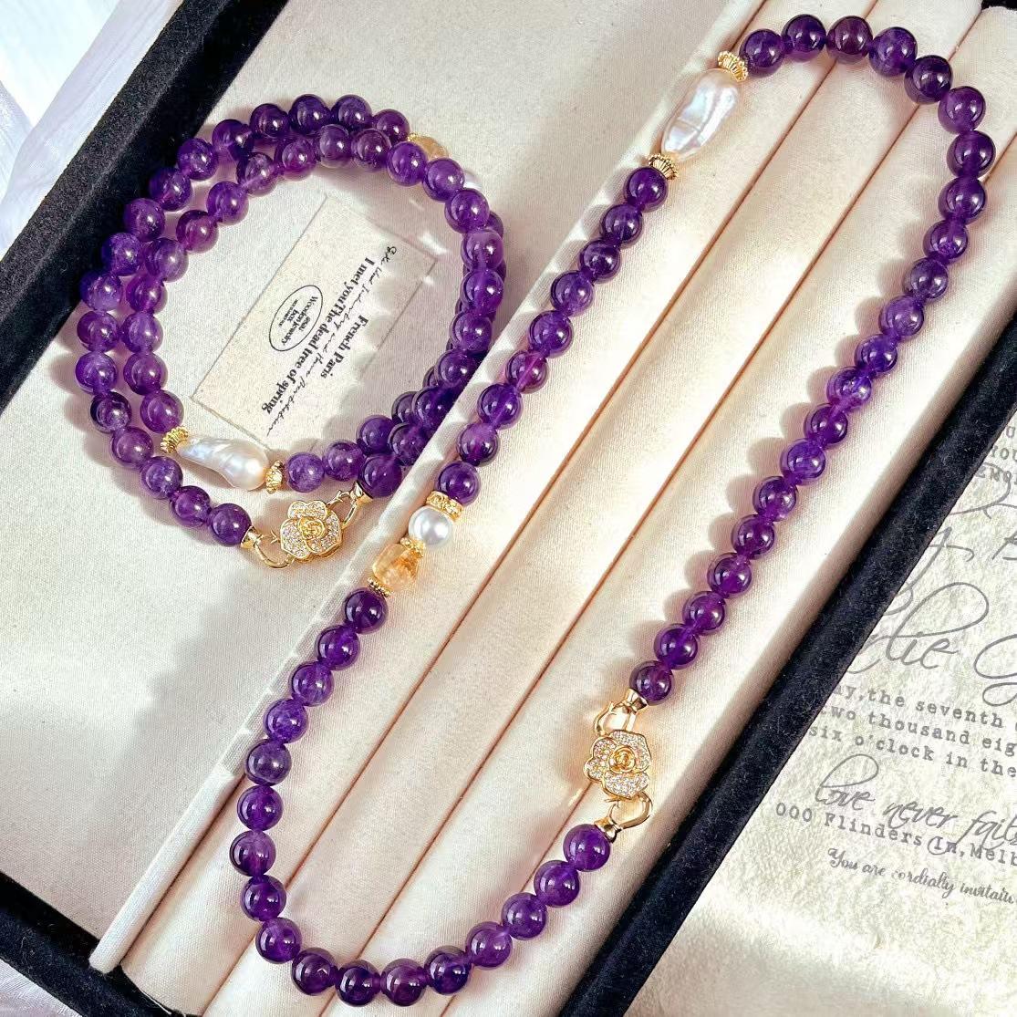 Vintage High Quality Natural Amethyst Natural Baroque Pearl Citrine Artificial Pearl Necklace Lock