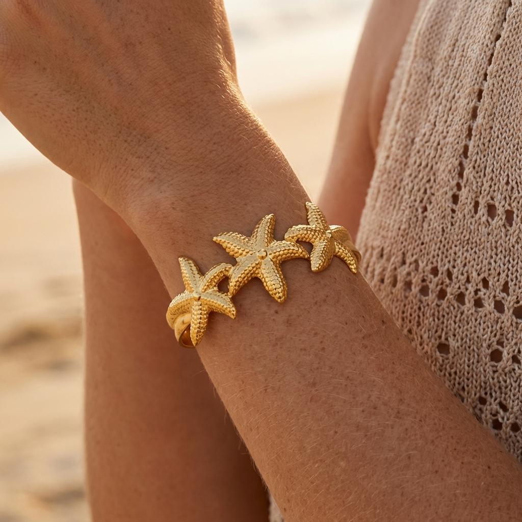 Mermaidcore Aesthetic Chunky Gold Color Starfish Bangle for Women Textured Metal Wide Open Bracelet Summer Beach Jewelry