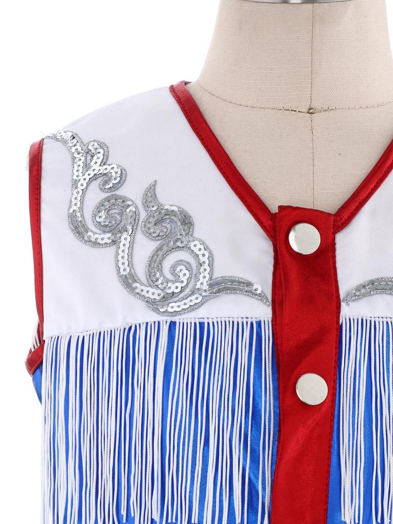 Children‘s Cowgirl Costume Set Sequins Metallic Fringe Sleeveless Top and Matching Shorts for Western Theme Fancy Ball Party