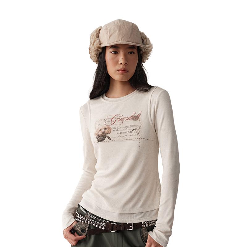 GREEN BELT Women s Puppy Print Faux Two-piece Modal Long-Sleeve T-Shirt S