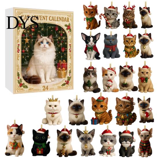 Calendrier de l'Avent de Noël pour Amoureux des Chats, Boîte Compte à Rebours 24 Jours avec Accessoires Décoratifs à Suspendre, Pendentifs en Acrylique, Décoration d'Arbre Festif, Fête de Fête