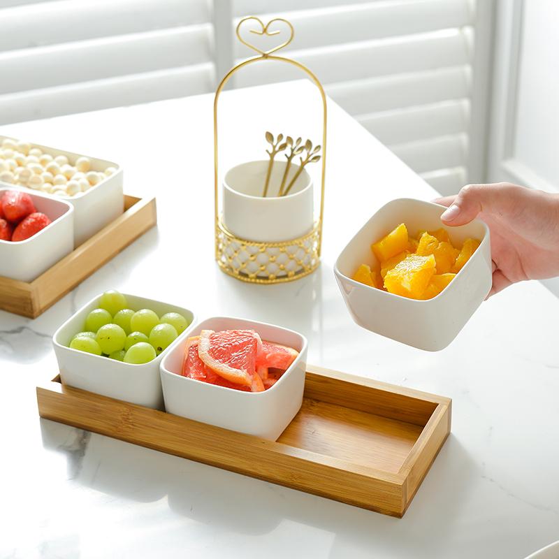Keramická přihrádka z bambusu a dřeva na suchý talíř na ovoce Úložný box na svačinku Talíř na ovoce Samostatný talíř Talíř na občerstvení Dřevěný tác