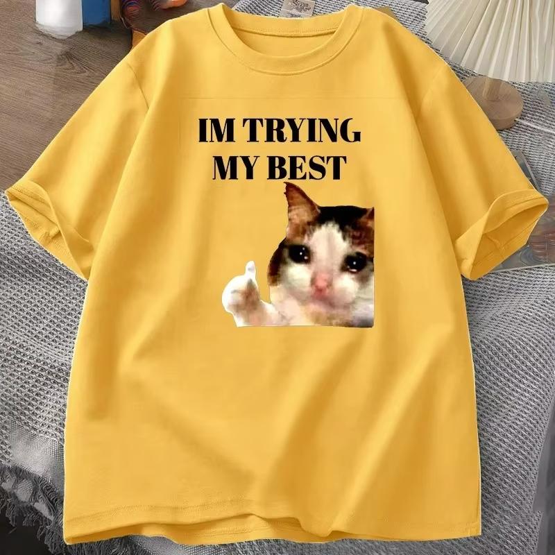 Cat Thumbs Up Crying I'm Trying My Best Funny Tee Casual Short Sleeve T-Shirt Streetwear Harajuku Women Clothes Tops