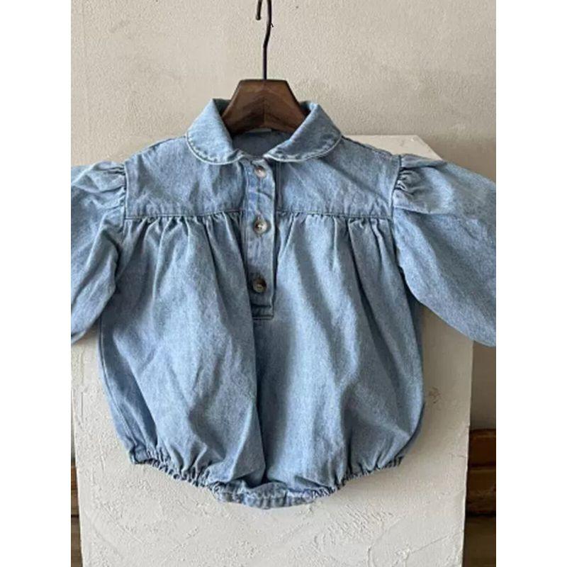 Ins Korean Style Baby Spring Clothing New Model, Stylish and Cute Denim Romper with Turn-Down Collar and Puff Sleeves for Baby Girls