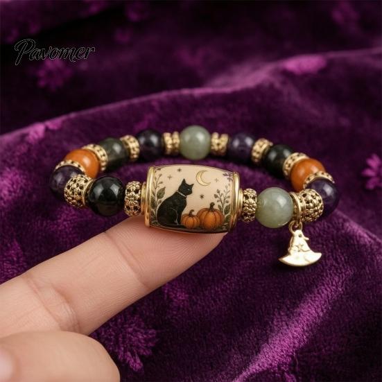 Cute Halloween Themed Gift Stretch Beaded Bracelet with Box, Black Cat Pumpkin Ghost Stylish Wrist Accessory for Parties Crow Witch Hat/Moon