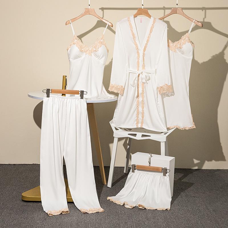 Women's Five-Piece Silk Pajama Set - Sensual Padded Nightdress and Battleship Print for Spring & Summer