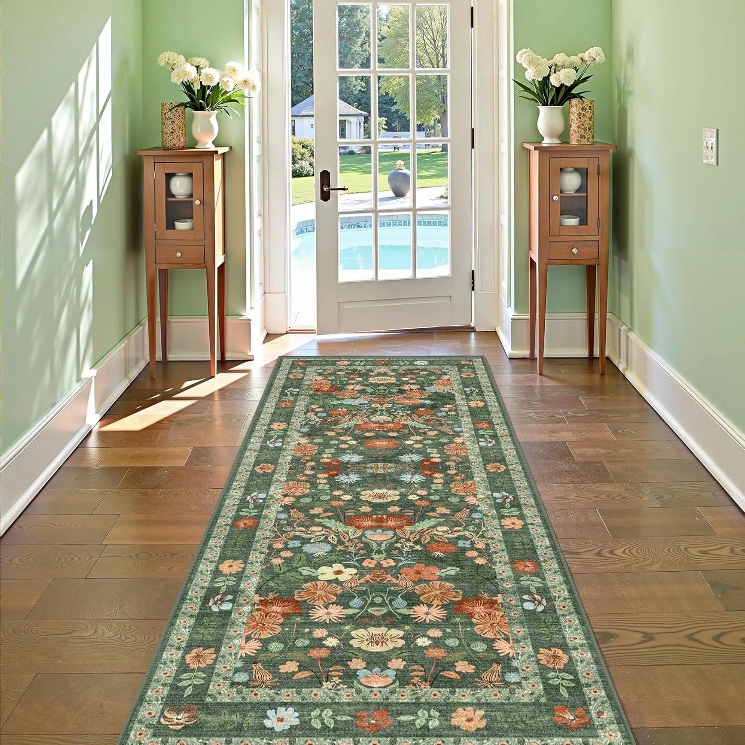 

Ковер-дорожка с цветочным рисунком для прихожей, мягкий ковер с ботаническим рисунком, длинный ковер для спальни, нескользящий напольный коврик, машинная стирка, кухонный ковер, украшение для дома 50x160cm