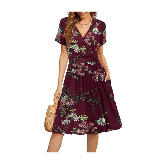 Dámské šaty s krátkým rukávem s výstřihem do V, splývavé šaty, ležérní plisované áčkové šaty s kapsami, letní plážové šaty