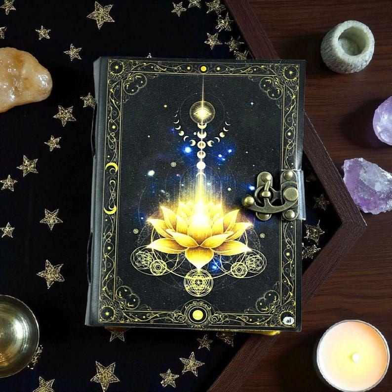 Golden Lotus Leather Journal: Handmade Book of Shadows, Witchy Grimoire