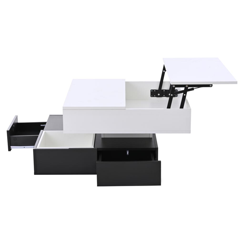 70*70*40cm Coffee Table with 360 degrees Rotating Tabletop, Double-Layer Living Room Table with 3 Drawers, Liftable Sofa Table, White+Black