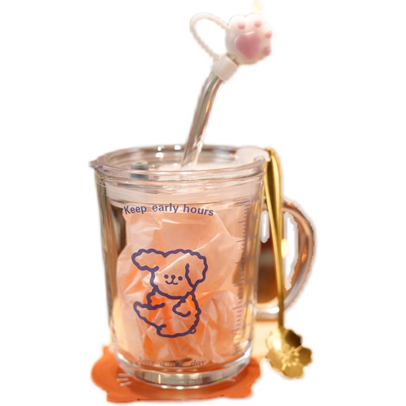 Children's Heat-Resistant Cute Cartoon Straw Glass Cup with Handle and Measurement Scale