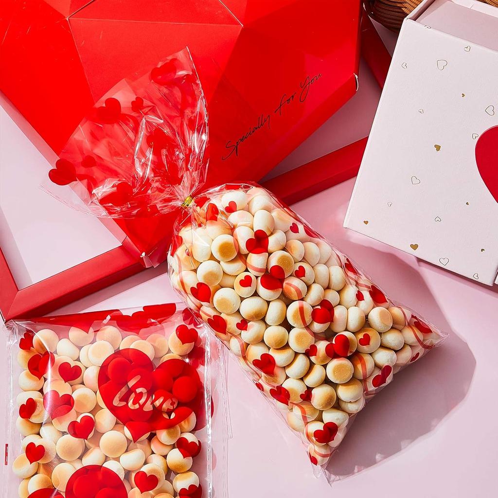 Zonon 200 Pcs Valentine's Day Cellophane Bags 4 Assorted Styles Valentines Treat Bags Cellophane Bags Valentines Candy Bags with 200 Pieces Twist