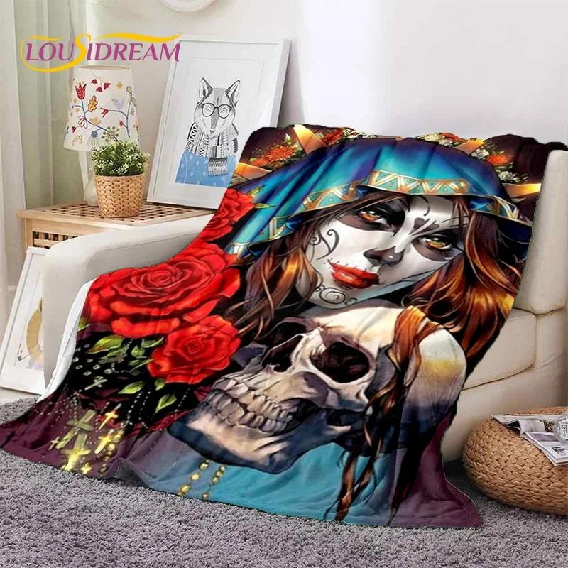 Skull Dead Girl 3D Gothic Horror Female Rose Soft Flannel Blanket for Beds Bedroom Sofa Picnic,Throw Blanket for Cover Leisure