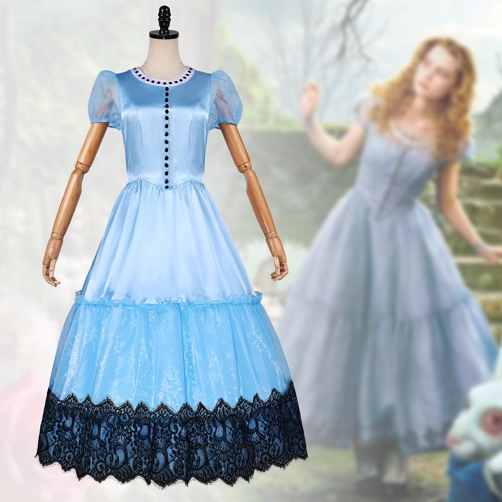 Alice In Wonderland Cosplay Dress Vintage Blue Polyester Long Skirt For Halloween Costumes